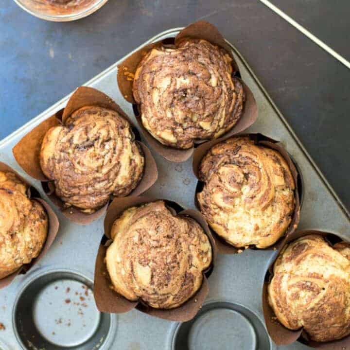Overhead image of Nutella Muffins in a baking tray.