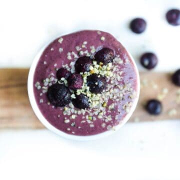 Close up image of a blueberry smoothie.