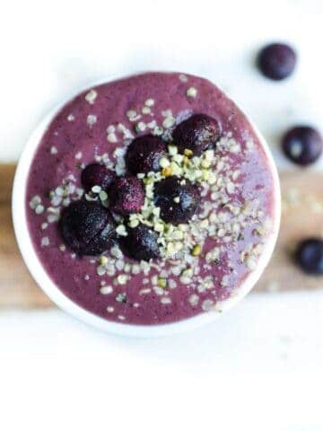 Close up image of a blueberry smoothie.