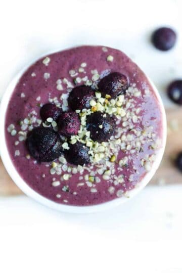 Close up image of a blueberry smoothie.