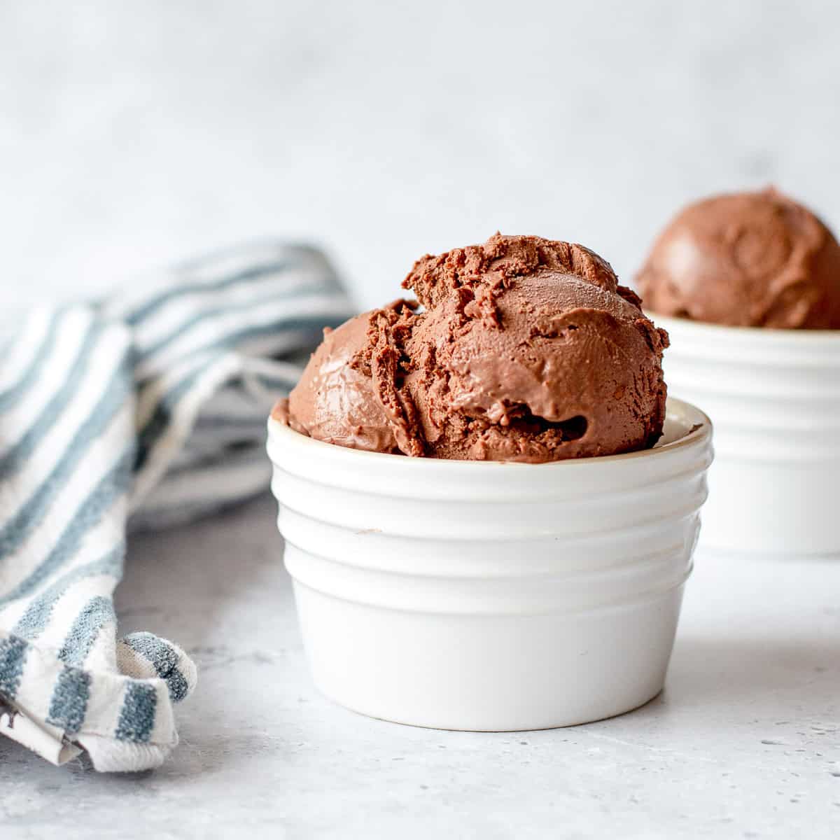 Chocolate Ice Cream in white ramekin.