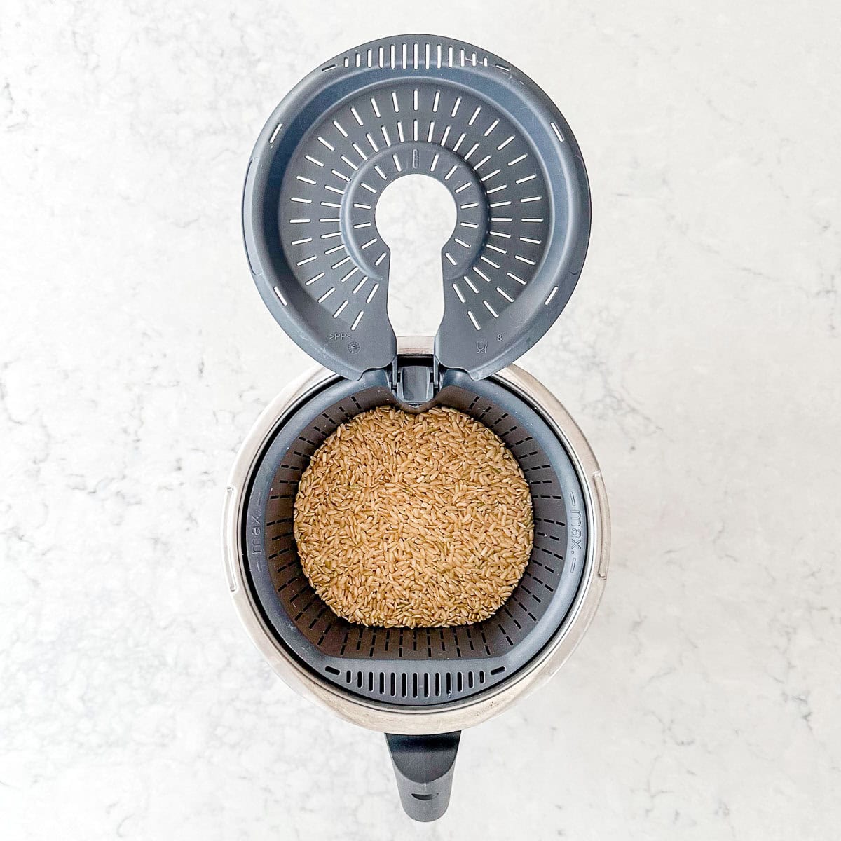 A top-down view of a Thermomix jug with uncooked brown rice inside the inner basket, placed on a light-coloured countertop.