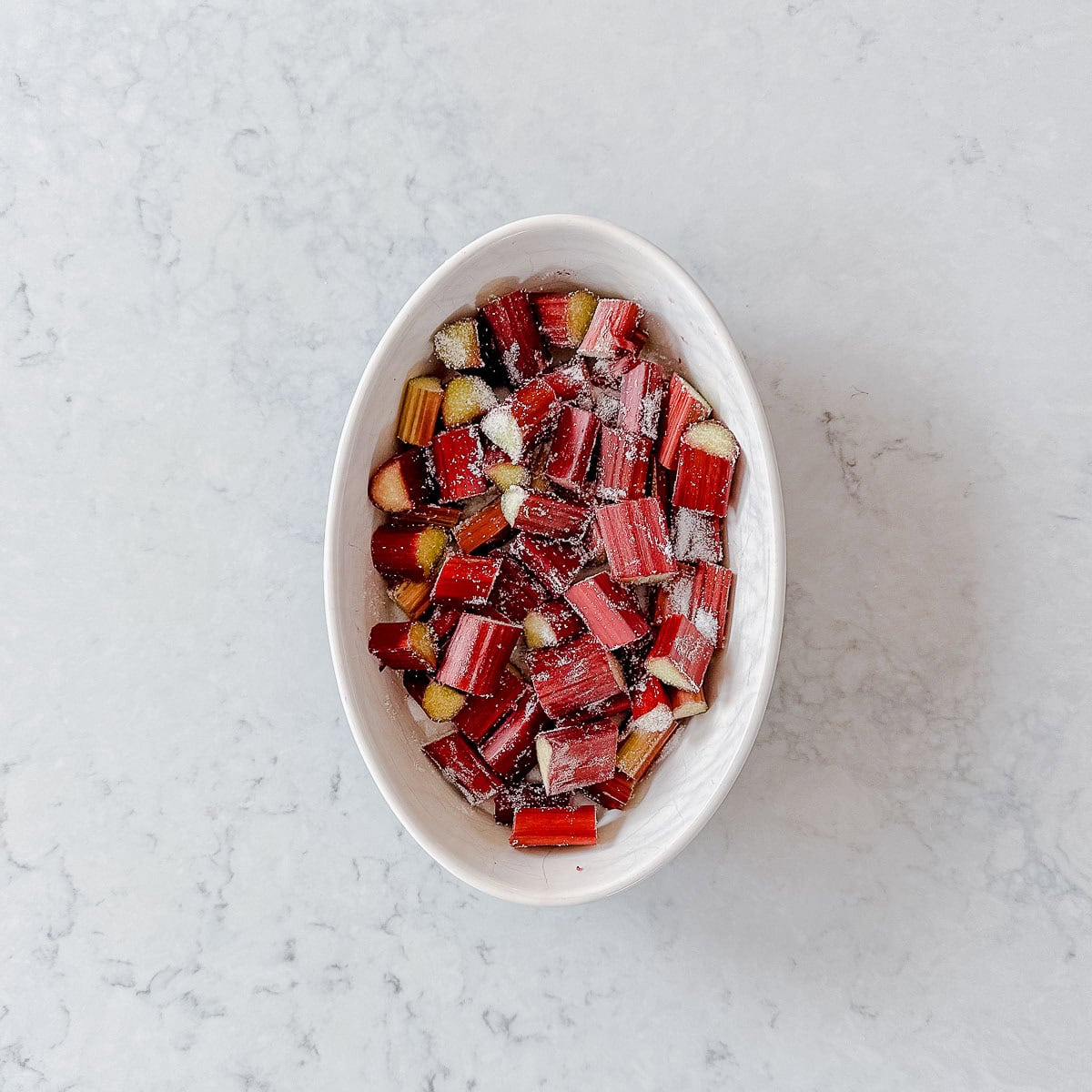 Chopped Rhubarb in an oval dish