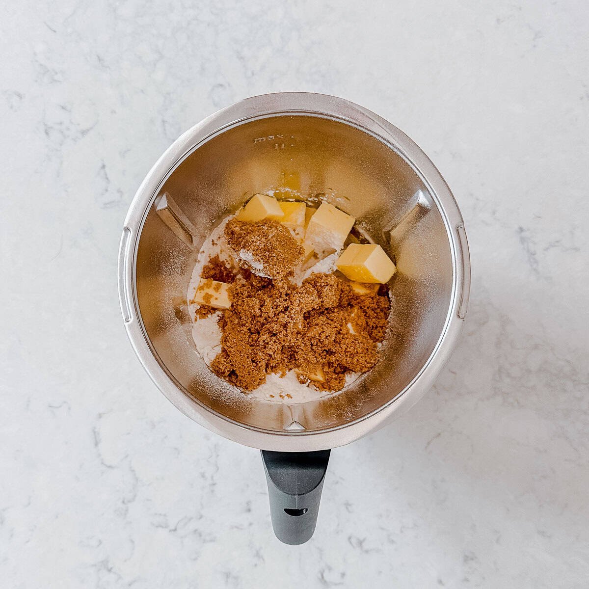 Flour, butter and brown sugar in a Thermomix bowl.