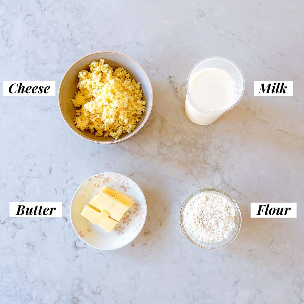 Ingredients needed to make Cheese Sauce.