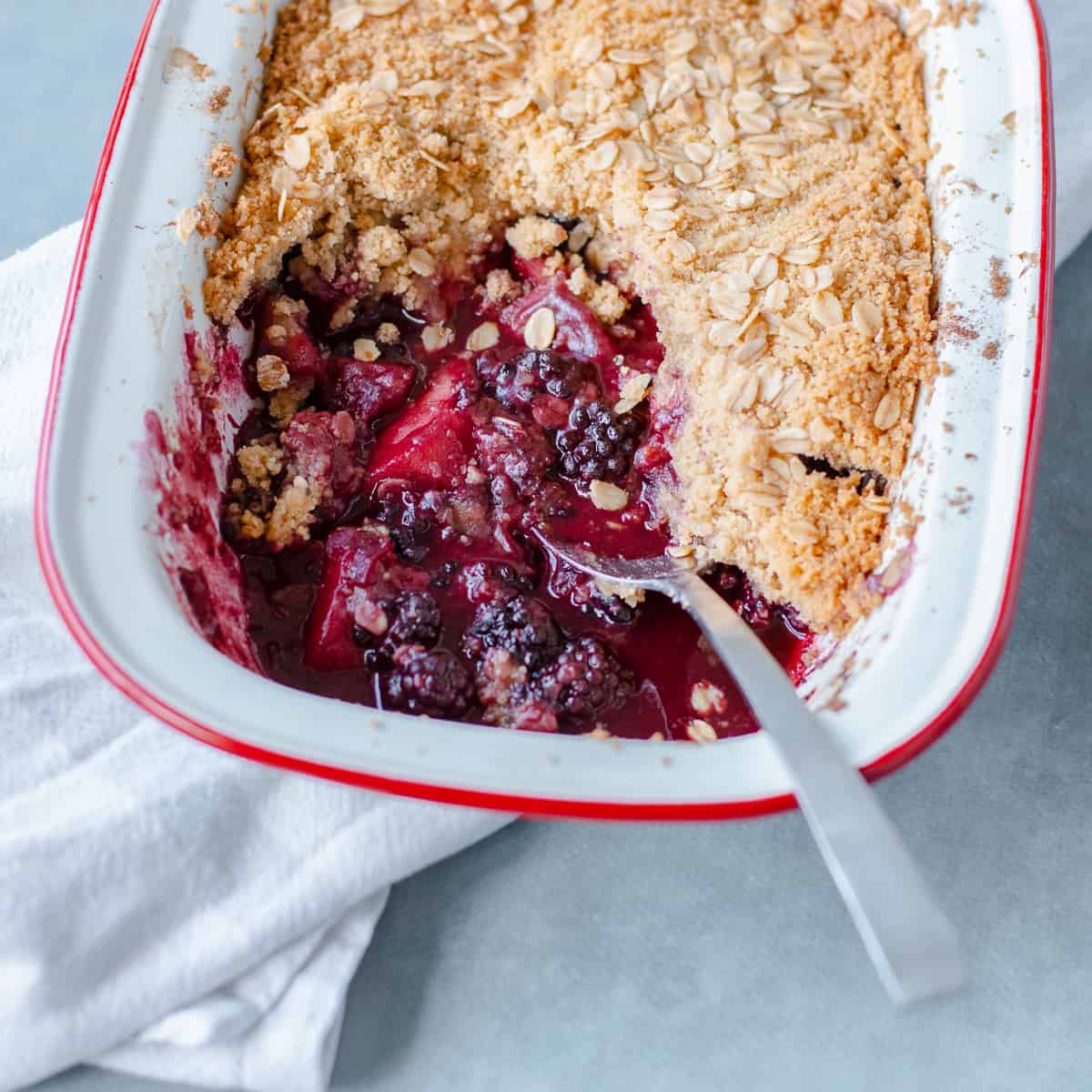 Blackberry and Apple Crumble in baking dish