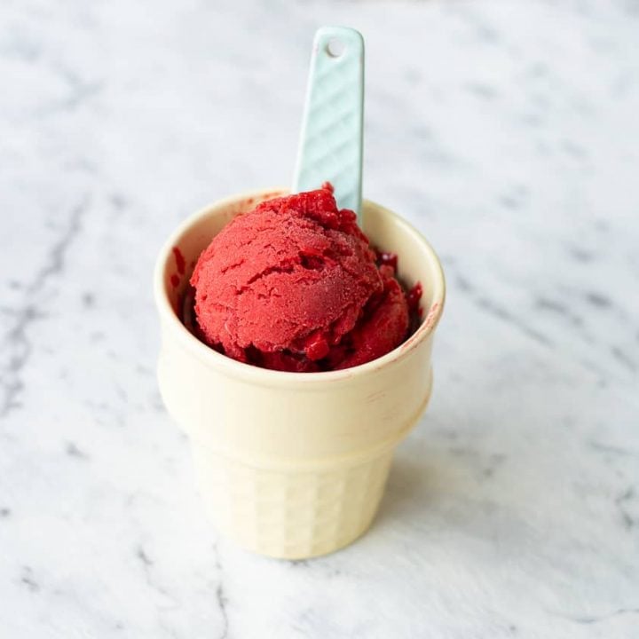 Thermomix Raspberry Mango Sorbet - a delicious blend of raspberries, mango and lemon juice for the perfect summer dessert.