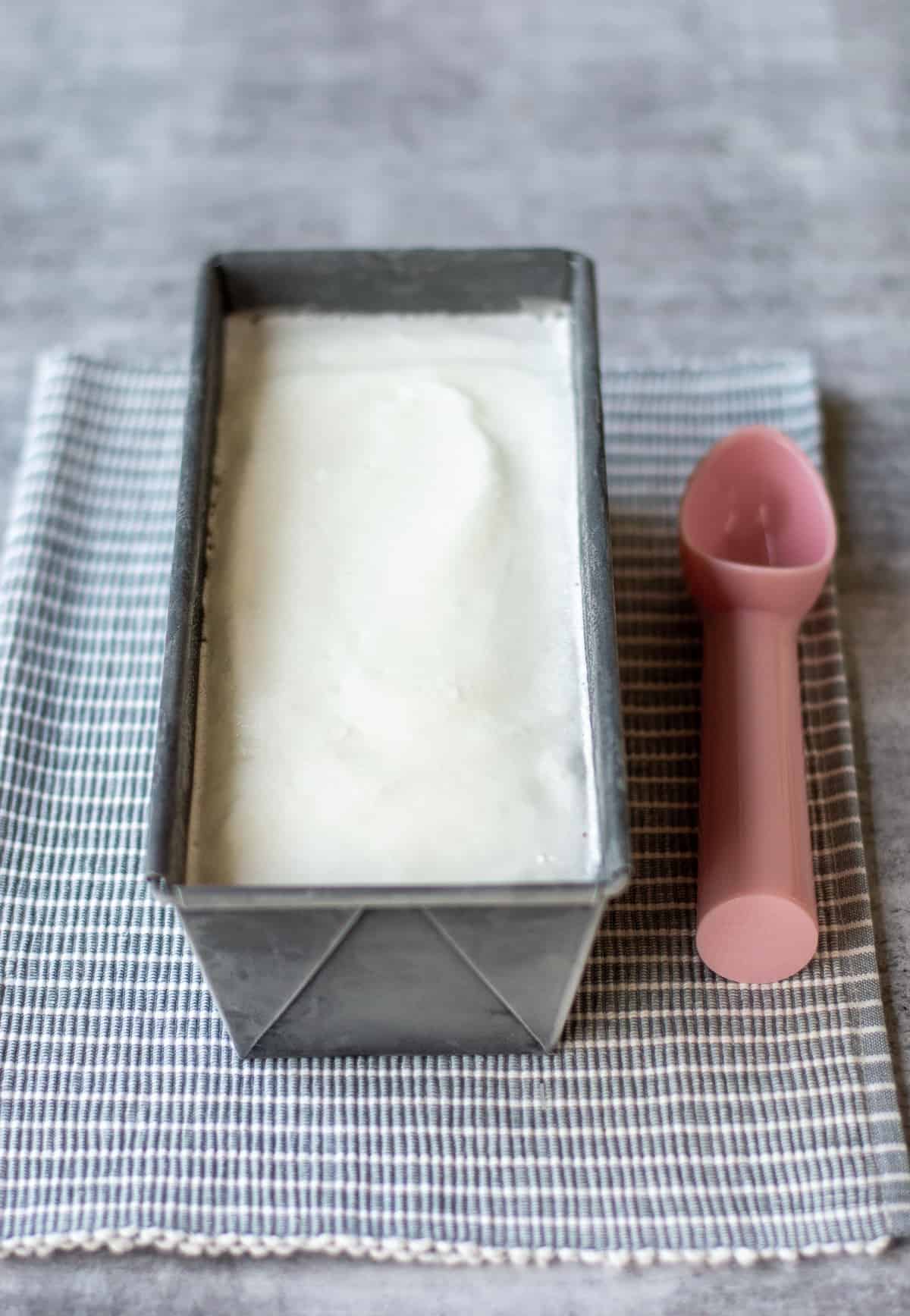 Gin and Tonic Sorbet in container with a pink icecream scoop