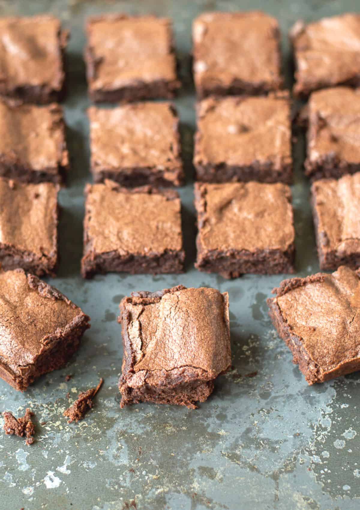 Chocolate Brownie Squares on a baking tray.