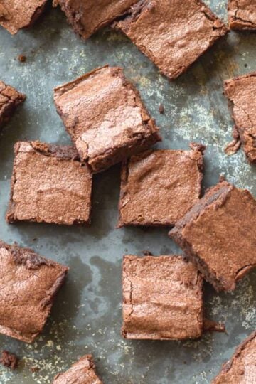 Chocolate Brownie squares on a baking tray.