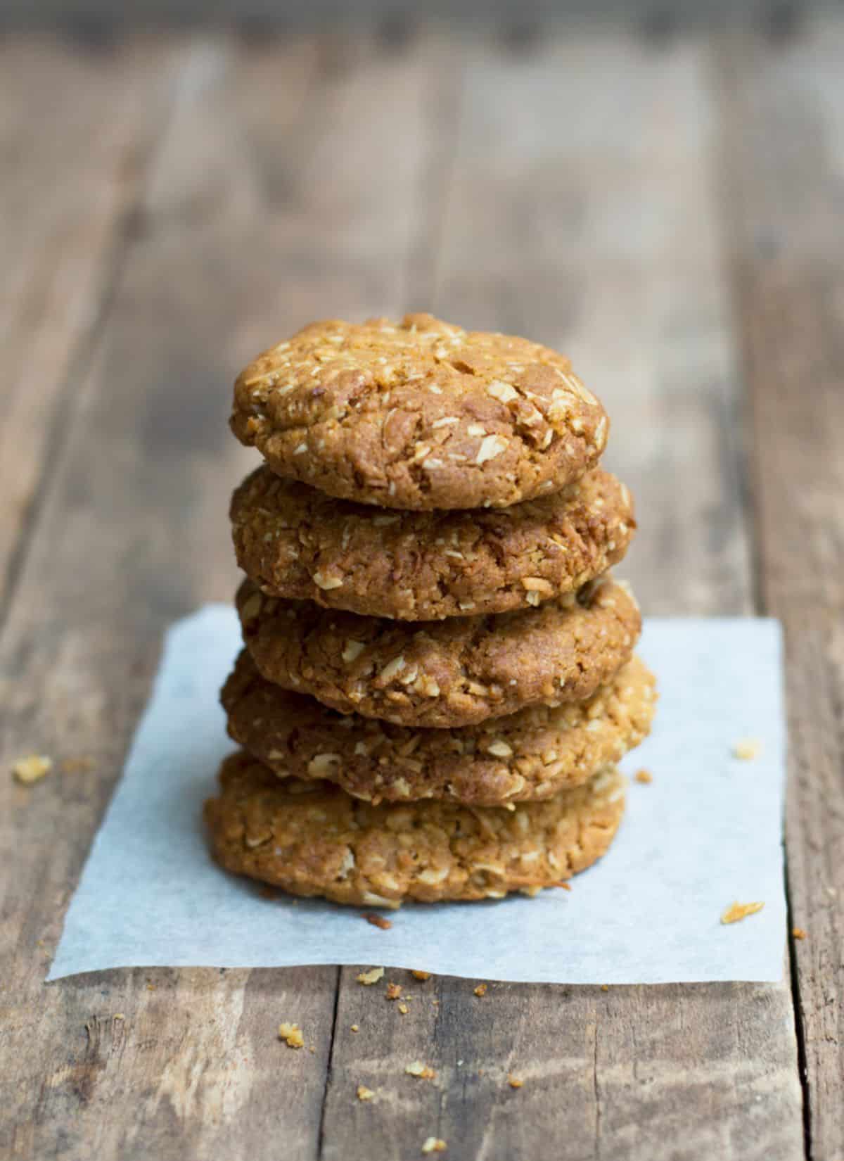 A stack of Thermomix Anzac Biscuits.