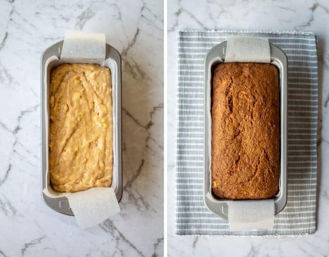 Side by side images of banana bread before and after baking