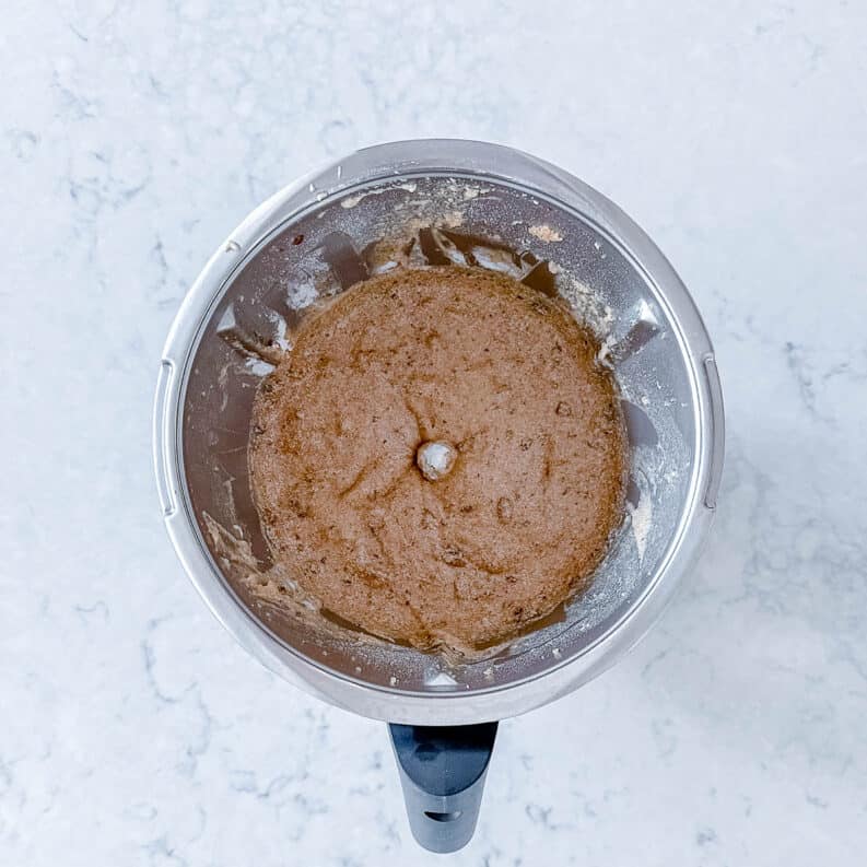 Sticky date pudding batter in a Thermomix bowl.