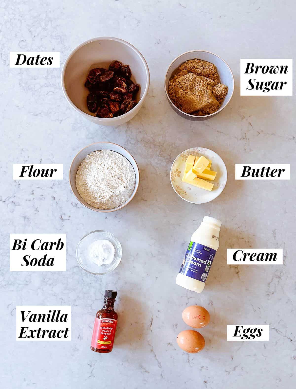 Ingredients needed to make a sticky date pudding in the Thermomix.