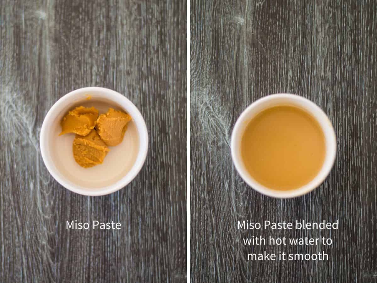 Side by side images of miso paste and miso pasted blended with hot water.