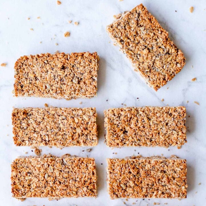 Homemade granola bars cut into rectangles.
