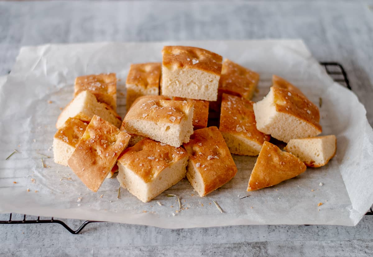 Homemade Focaccia bread soaked in olive oil and sea salt