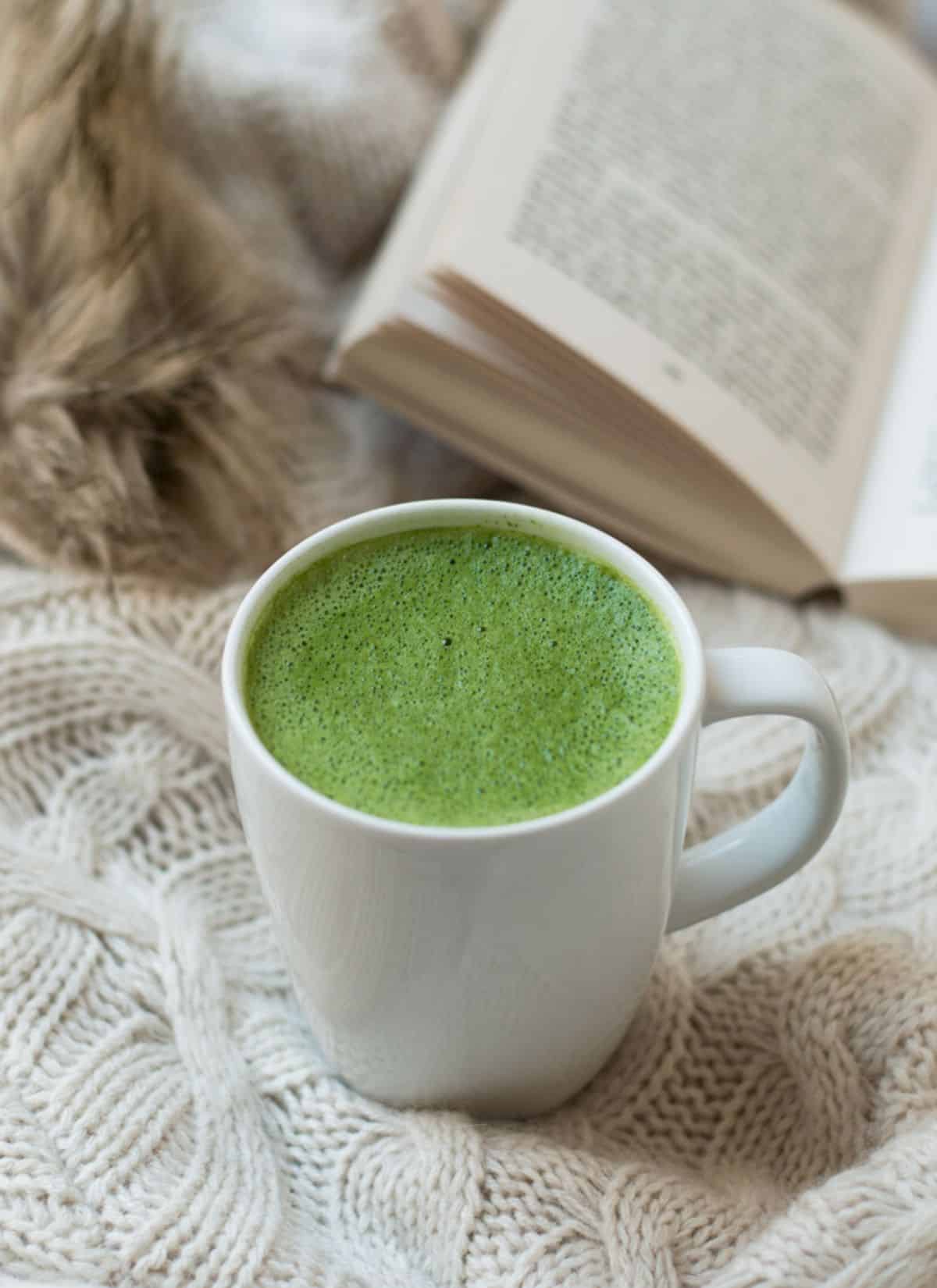 Frothy Hot Matcha Latte in a White Mug