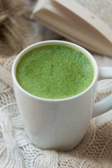 Hot Frothy Matcha Green Tea Latte in White Mug