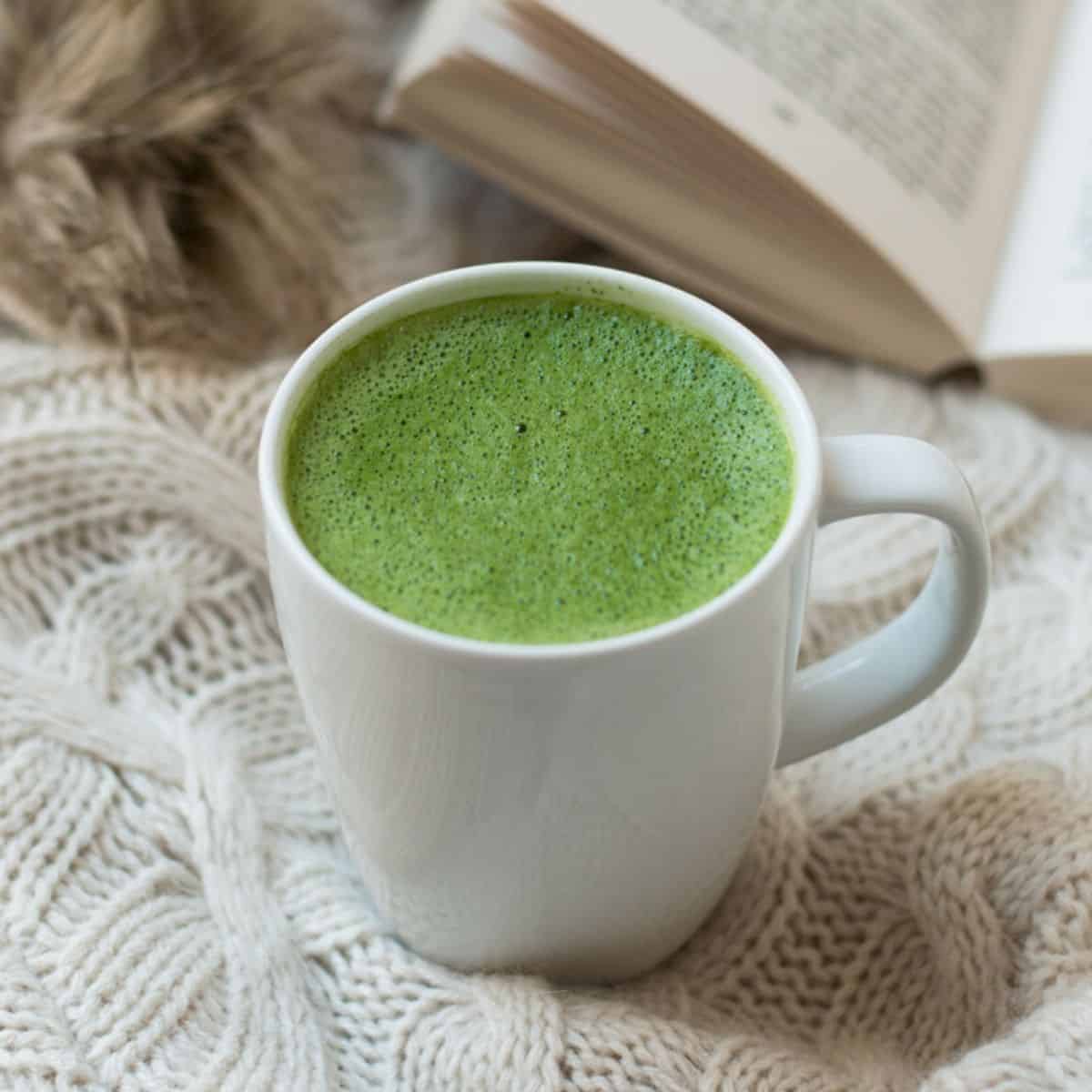 Hot Frothy Matcha Green Tea Latte in White Mug