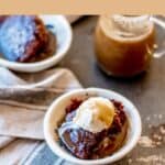 Sricky Date Pudding with Butterscotch Sauce in white bowl on tea towel