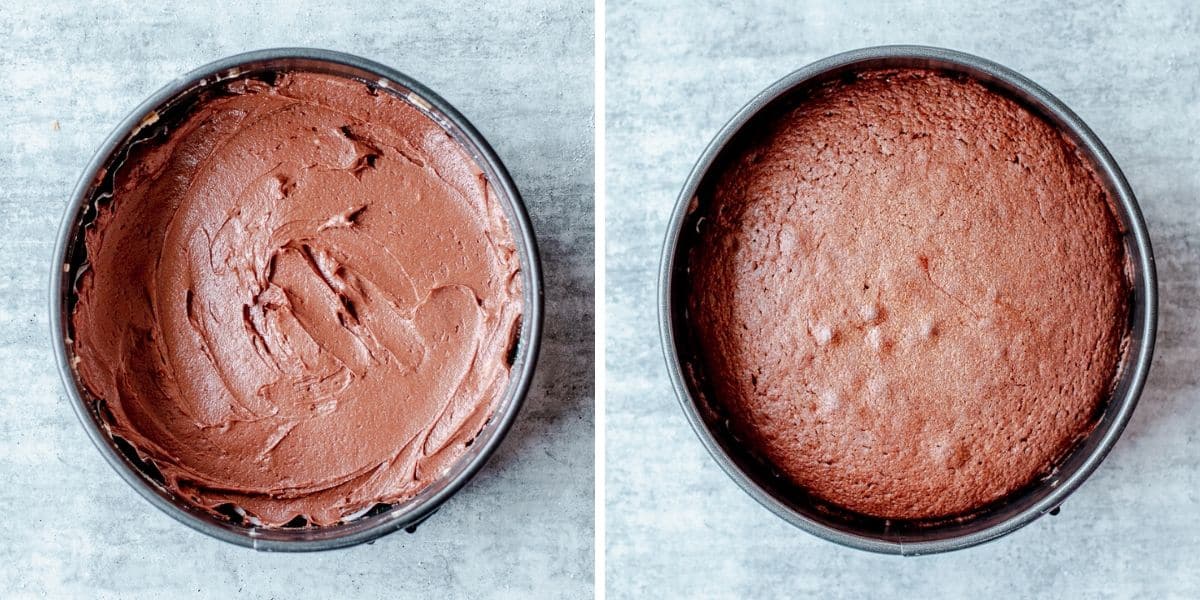 Side by Side Photos of Chocolate Batter and Baked Chocolate Cake