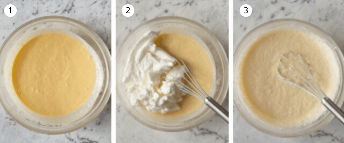 3 images showing how to mix lemon delicious pudding in a glass bowl with whisk.