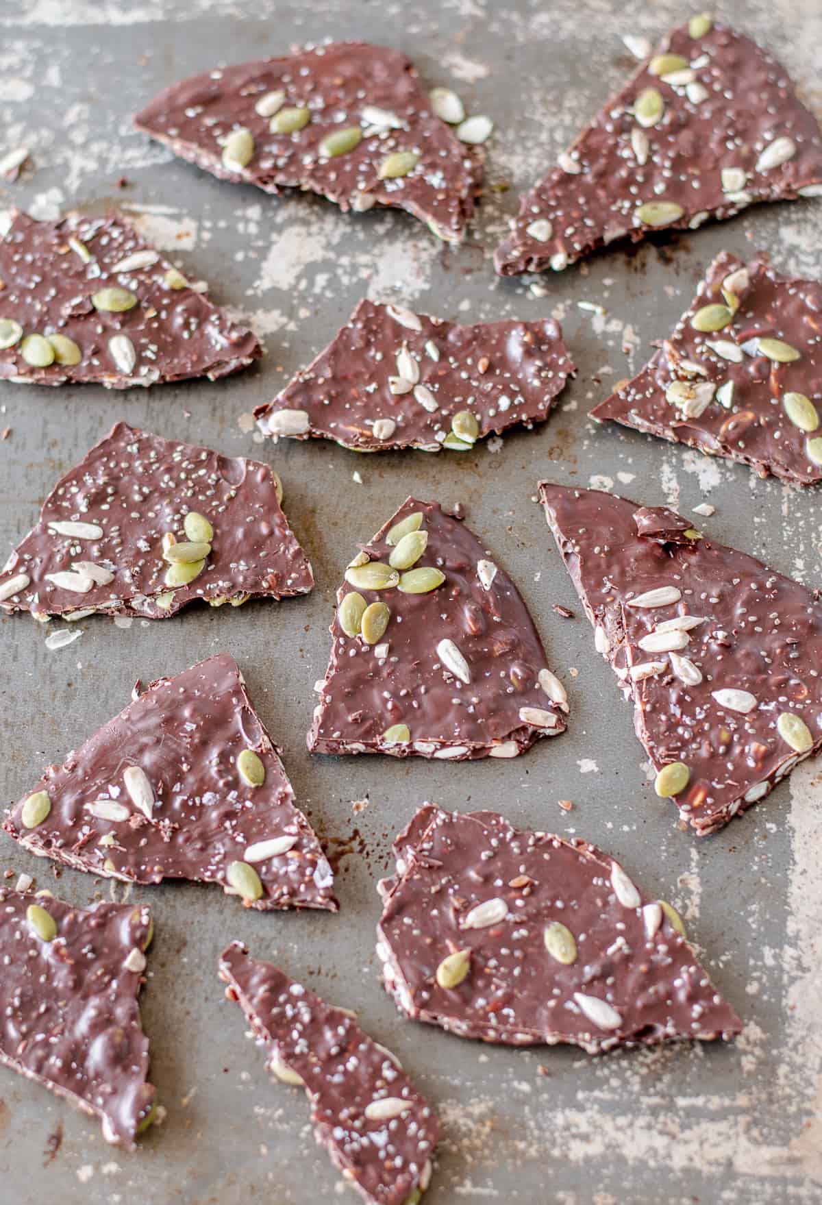 Dark Chocolate covered in seeds cut into shards