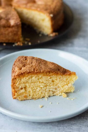 A slice of Homemade Apple Cake on a Blue Plate