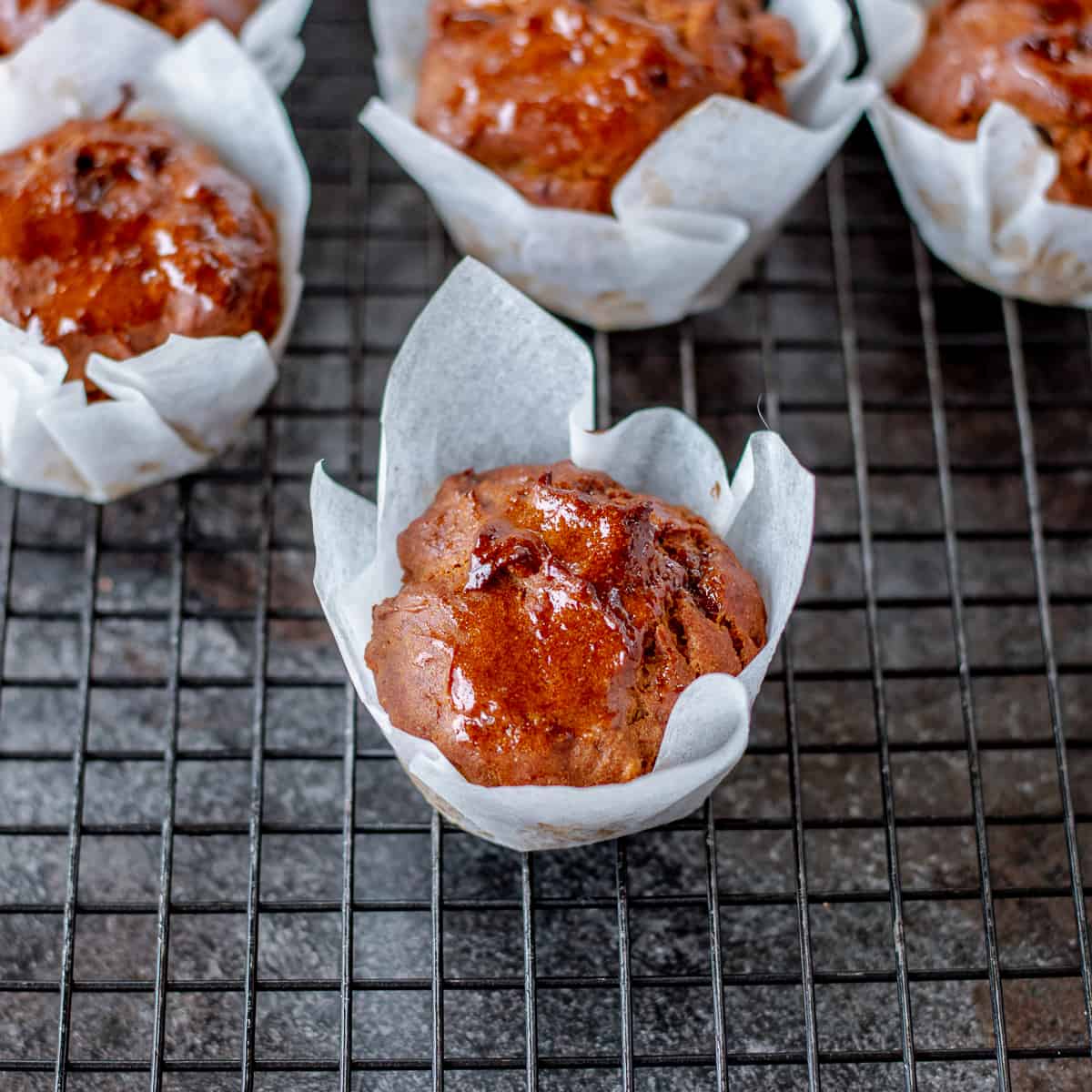 Sweet Potato and Five Spice Muffin in Muffin Case on wire baking rack