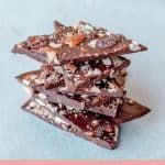 Dark chocolate bark with fruit and nuts cut into shards