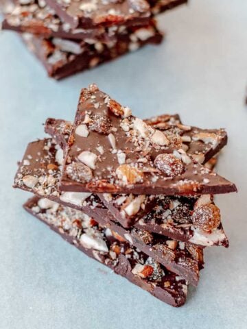 Dark chocolate bark with fruit and nuts cut into shards