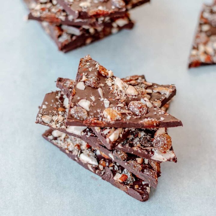 Dark chocolate bark with fruit and nuts cut into shards