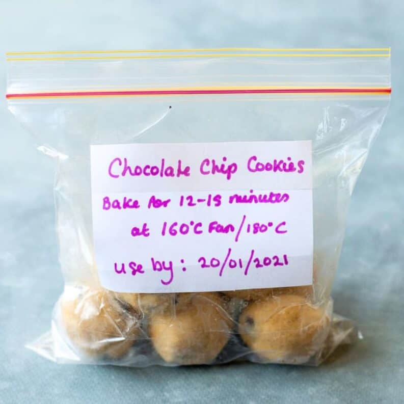 Cookie dough balls in a labelled ziplock bag.