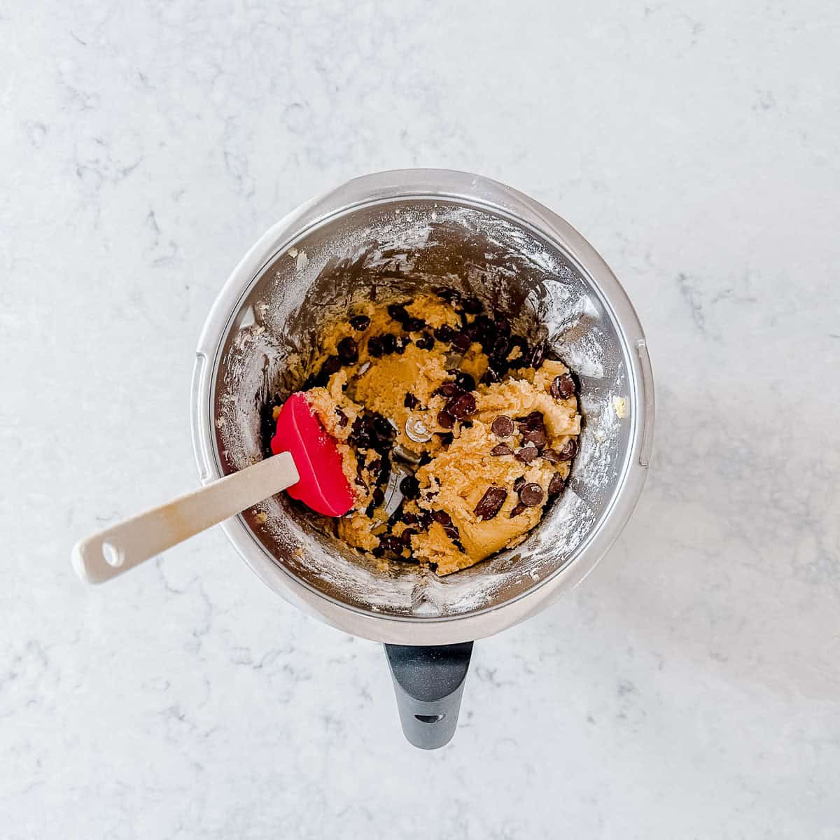 Chocolate Chip Cookie dough in a Thermomix bowl.