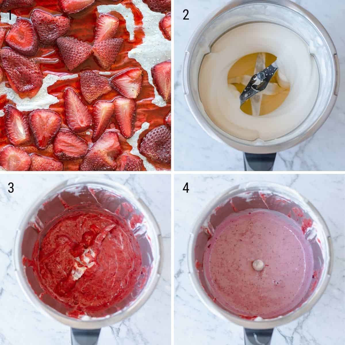 A collection of images explaining how to make strawberry ice cream in the Thermomix.