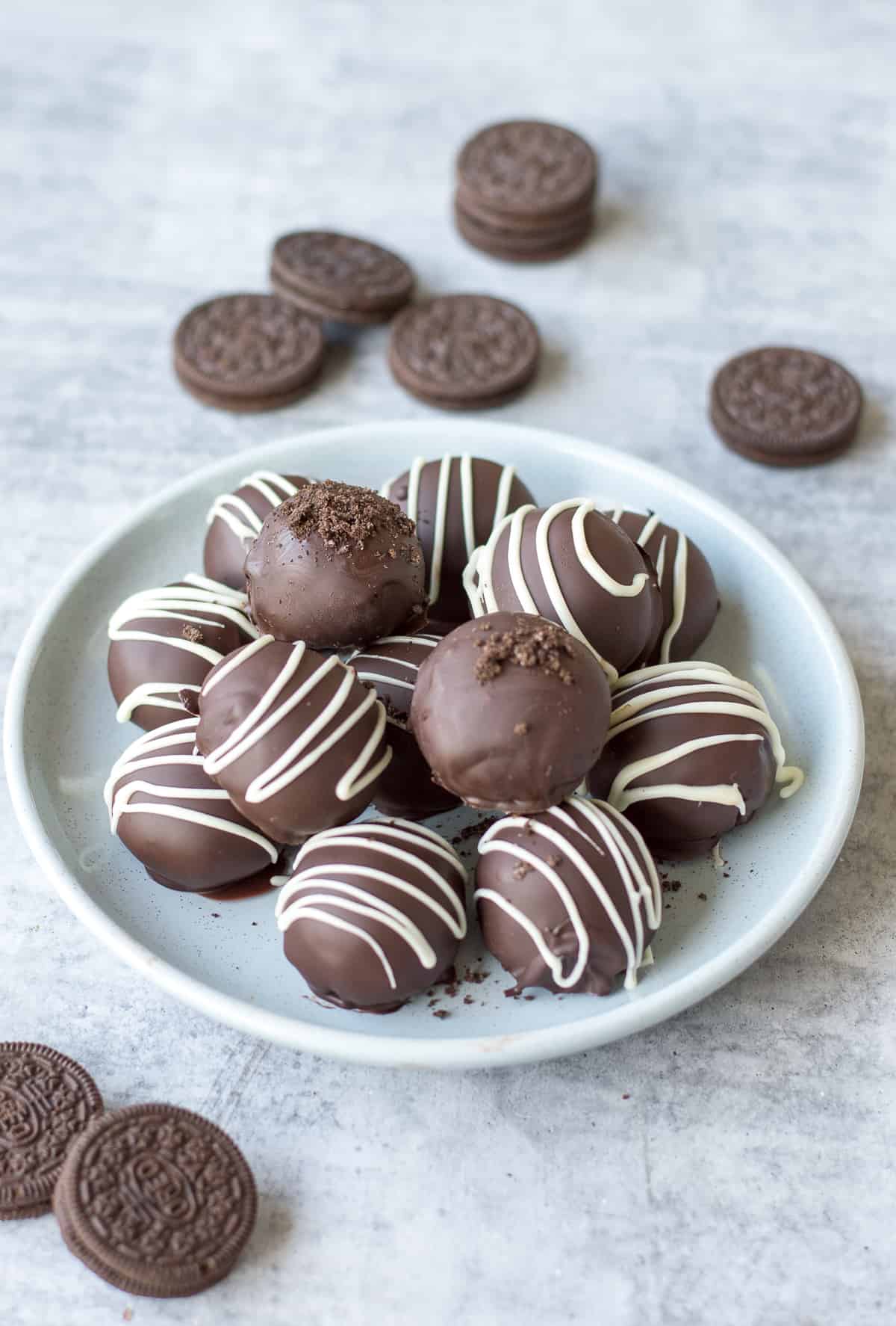 Home made Oreo Truffles on light blue plate