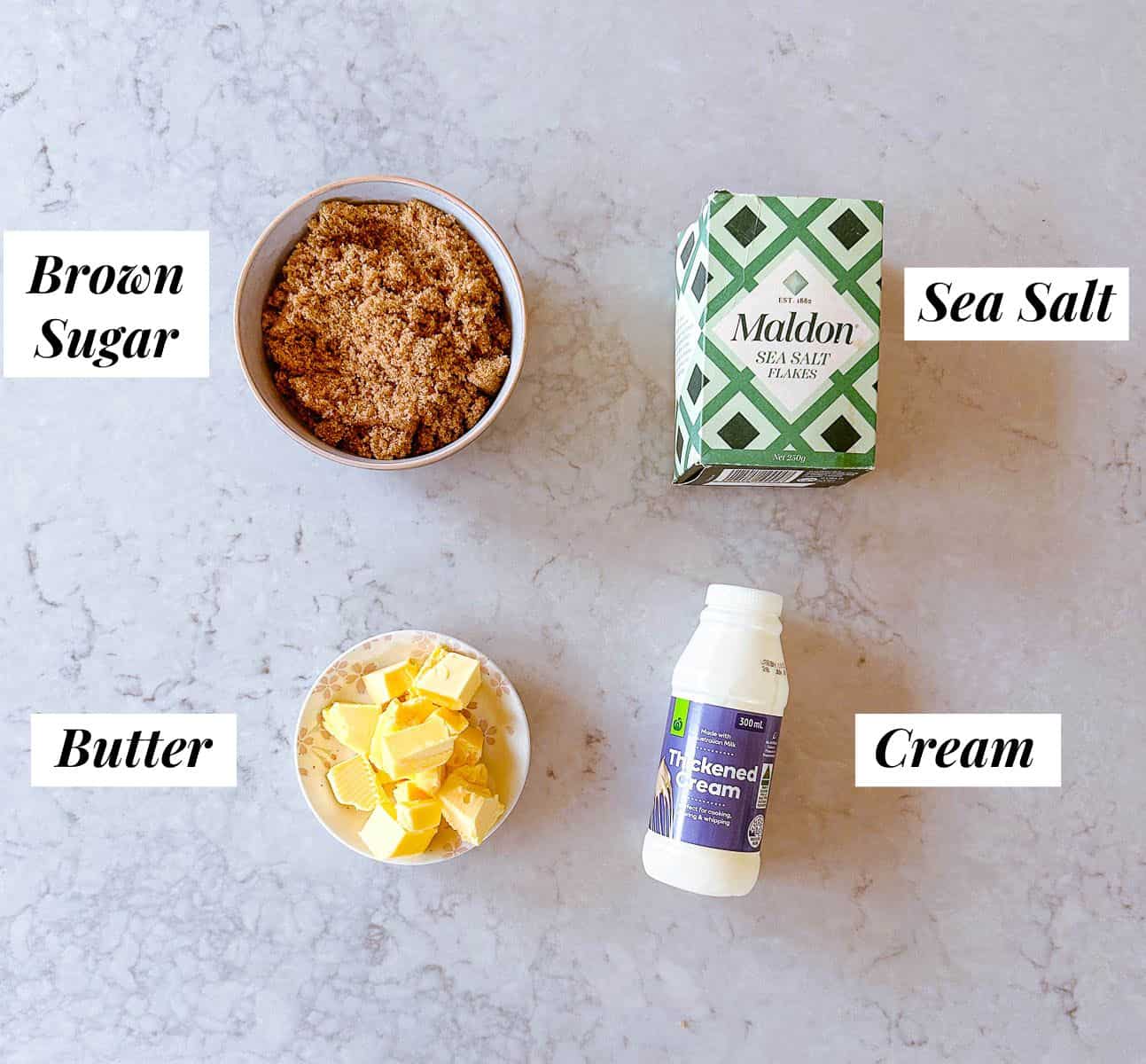 A collection of ingredients used to make Salted Caramel Sauce in the Thermomix.