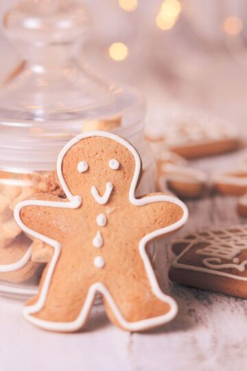 Gingerbread man decorating with white icing.