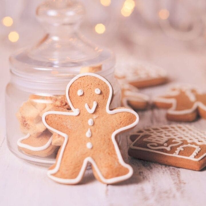 Gingerbread man decorating with white icing.