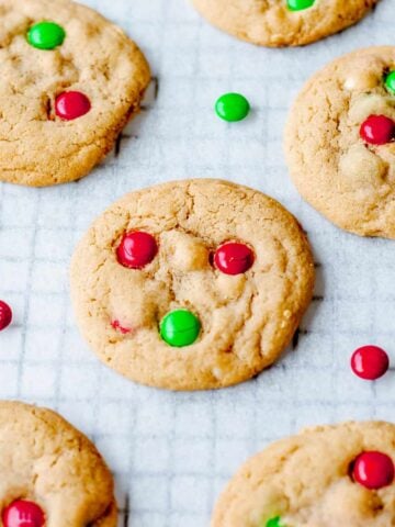 Homebaked cookies with red and green M&Ms