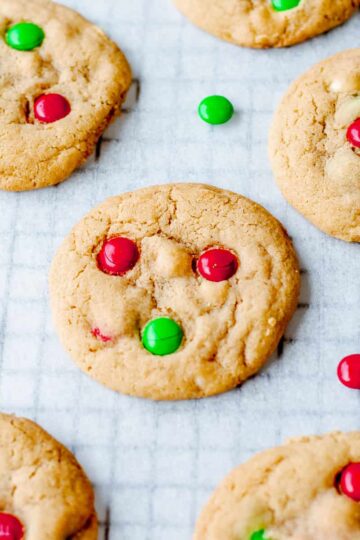 Homebaked cookies with red and green M&Ms