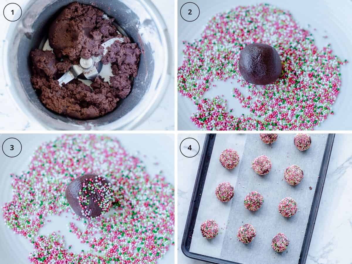step by step images for making chocolate sprinkle cookies in the Thermomix