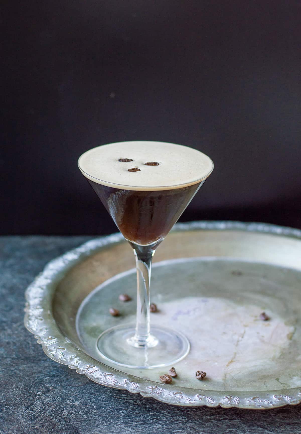 Espresso Martini with coffee beans in a martini glass