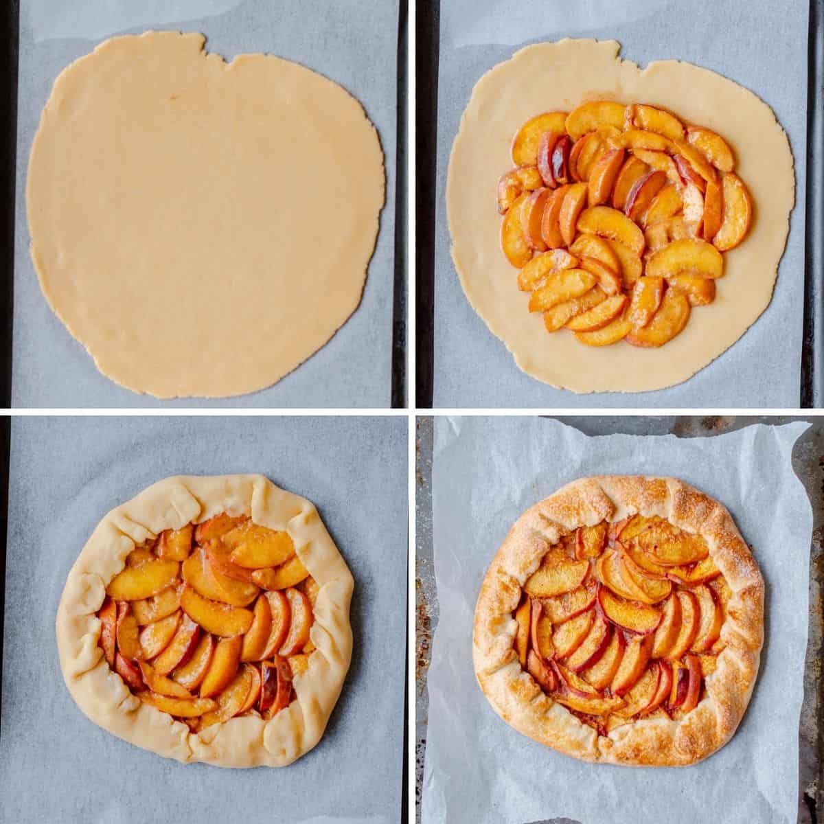 step by step photos explaining how to make a peach galette