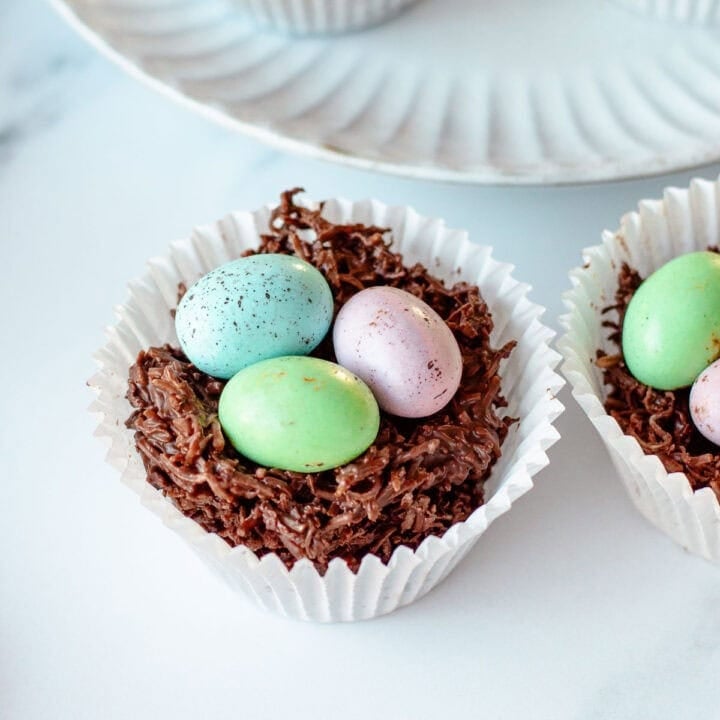 An easter egg nest sitting on an marble benchtop