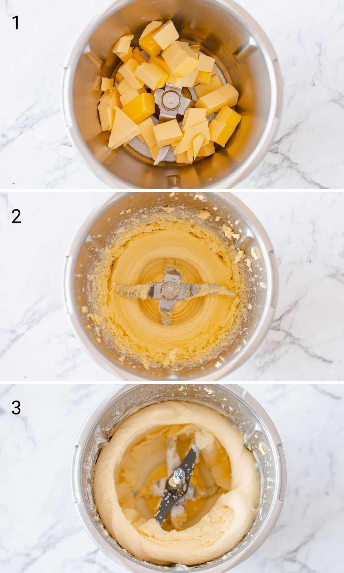 3 images explaining how to make buttercream icing in the Thermomix.
