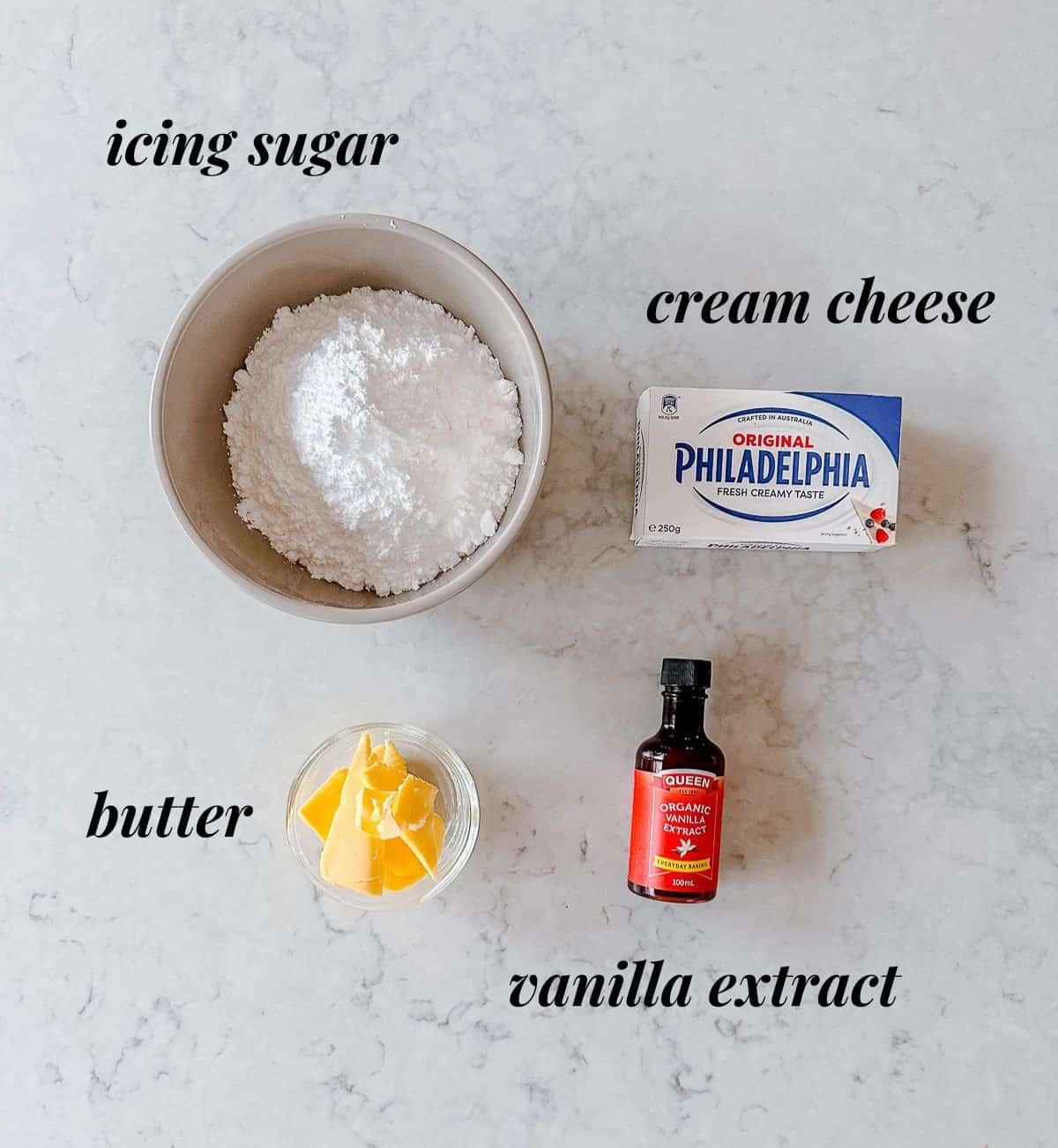 Ingredients used to make Thermomix Cream Cheese Icing.
