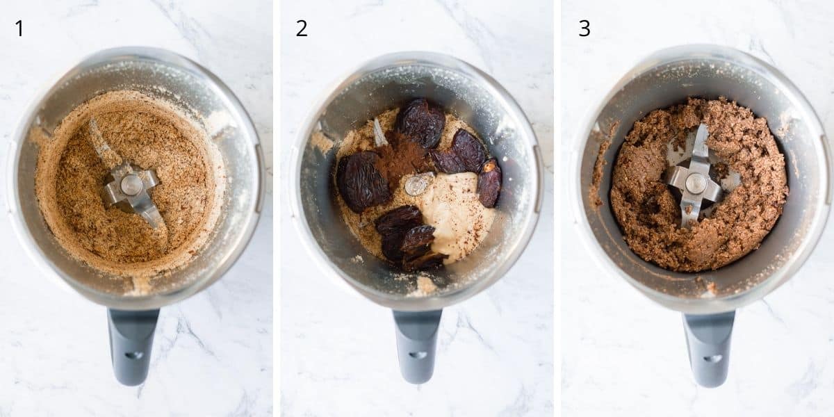 3 images explaining how to make Peanut Butter Bliss Balls in the Thermomix.