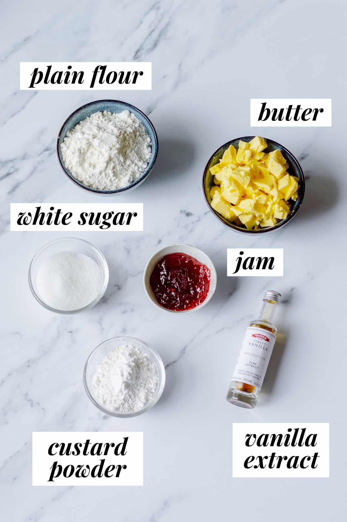 Ingredients to make jam drop biscuits